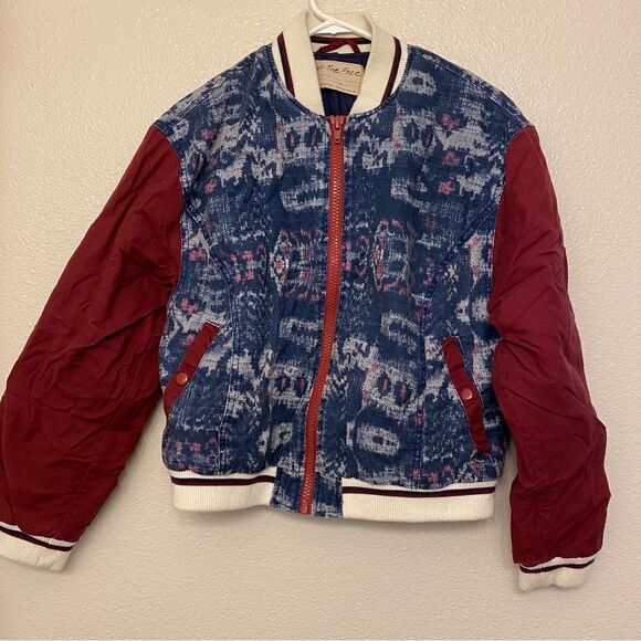 Free People varsity of dreams bomber jacket blue red cotton linen blend S - Picture 2 of 9